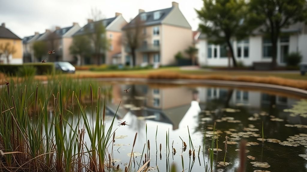 Petite mare urbaine entourée de plantes, avec des libellules près d’une école en lumière naturelle