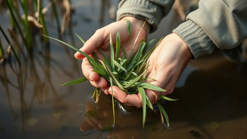 Mains déposant des plantes aquatiques dans une mare peu profonde sous une lumière naturelle