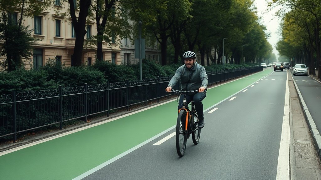 Cycliste urbain sur une piste cyclable verte à Paris