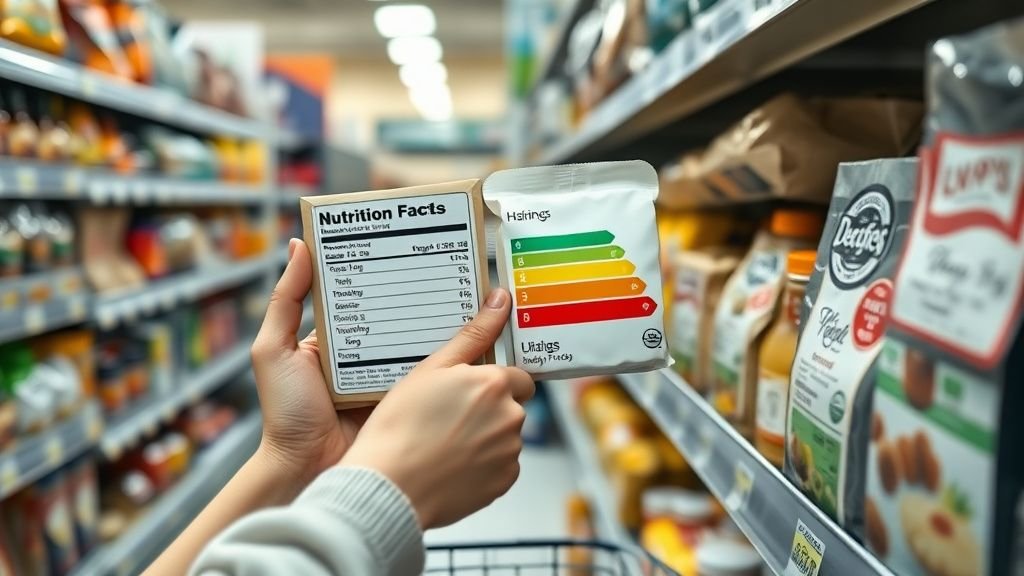Rayon de supermarché avec un client comparant des produits et un repère nutritionnel visible, sujet du Nutri-score obligatoire.
