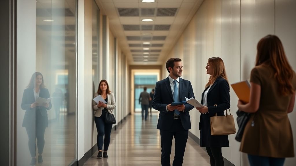 Personnes discutant dans un bâtiment institutionnel européen, ambiance de débat public et de société civile