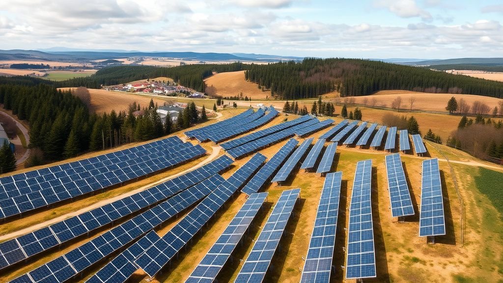 Centrale de panneaux solaires au sol en lisière de forêt, avec rangées de panneaux et paysage rural