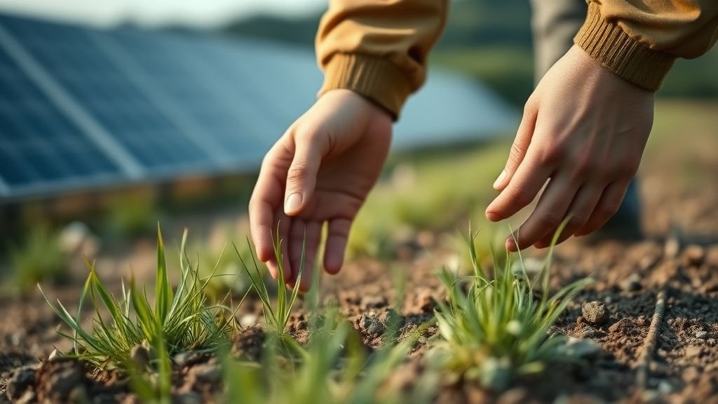 Mains observant un sol herbeux au bord d’un champ, avec des panneaux solaires flous en arrière-plan