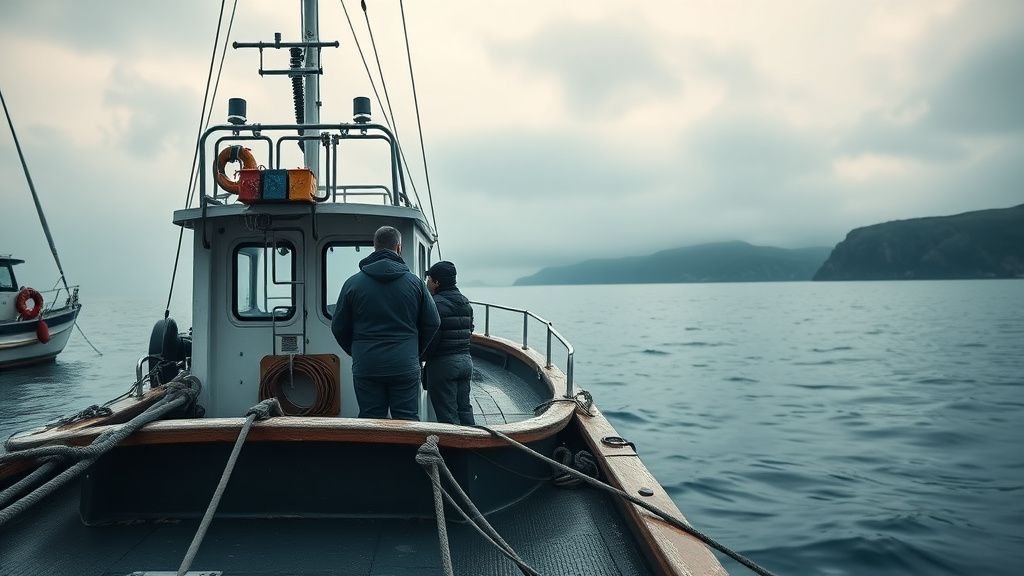 Marins sur un bateau de pêche dans un port breton au lever du jour, ambiance documentaire et lumière naturelle
