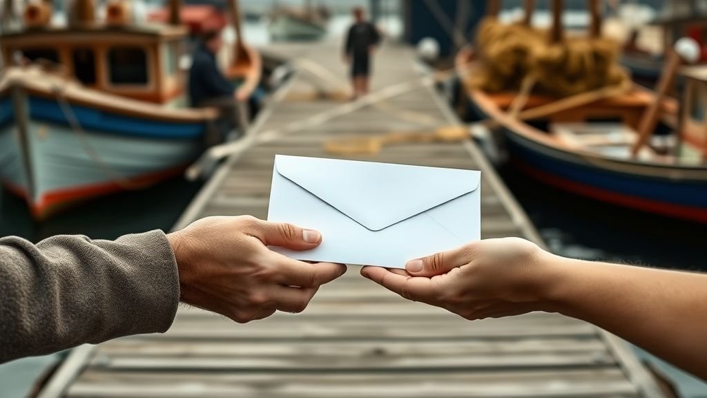 Échange discret d’une enveloppe sur un quai près de filets de pêche, en lumière naturelle