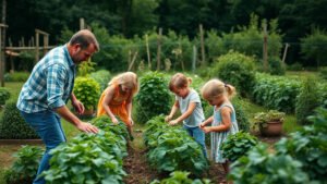 Enfants participant à un potager familial en permaculture