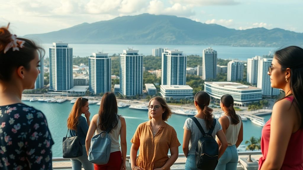 Femmes debout dans une ville côtière tropicale avec des immeubles d’affaires en arrière-plan