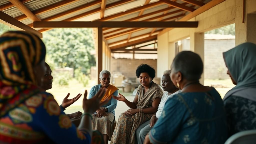Femmes réunies sous une véranda pour discuter des effets sociaux du boom pétrolier