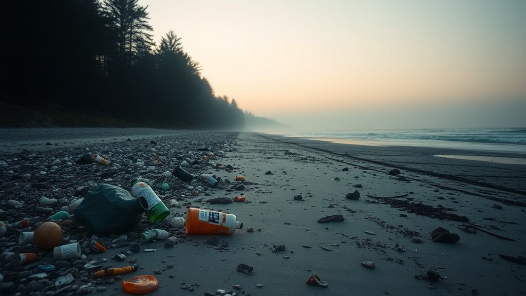 Déchets plastiques échoués sur une plage au petit matin