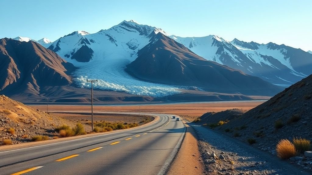 Paysage de glacier de montagne avec une piste minière discrète au premier plan, sous une lumière naturelle douce