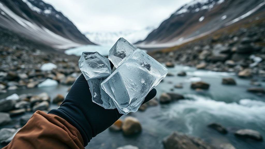Mains gantées tenant de la glace de glacier près d’un ruisseau de montagne, dans une ambiance naturelle