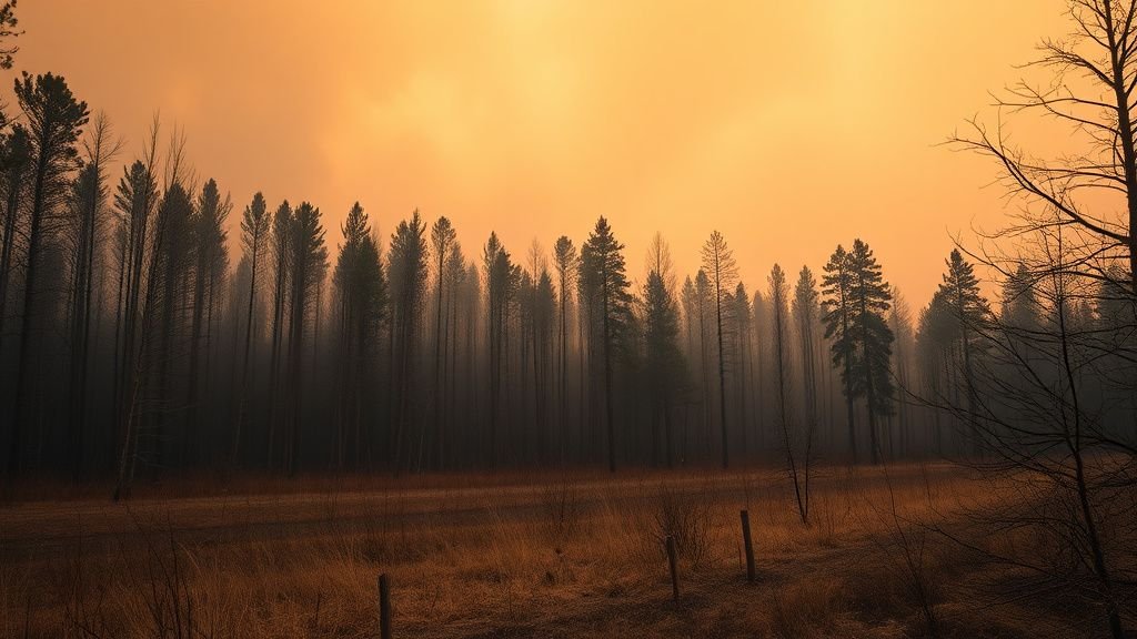 Paysage européen marqué par un feu de forêt et une atmosphère de fumée sous lumière naturelle