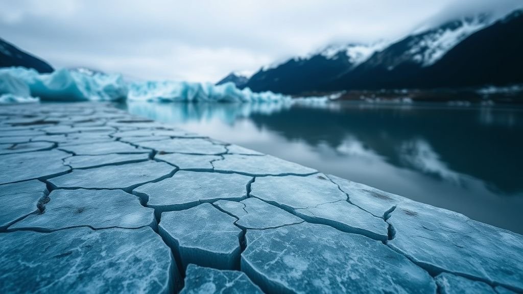 Glacier en fonte au bord d’un lac de montagne, avec blocs de glace et eau sombre en lumière naturelle