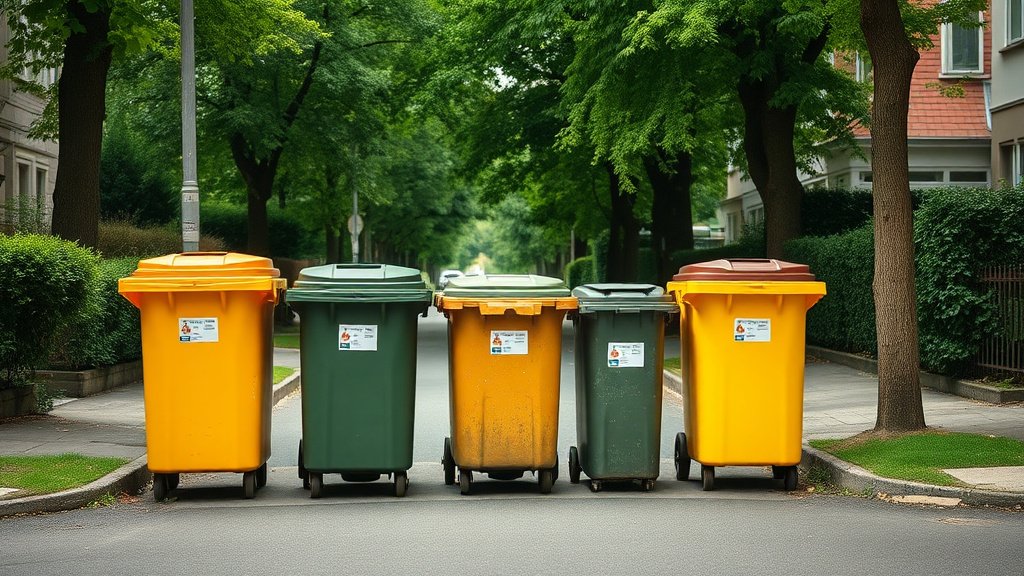 Bacs de tri sélectif jaune vert et marron devant une maison française
