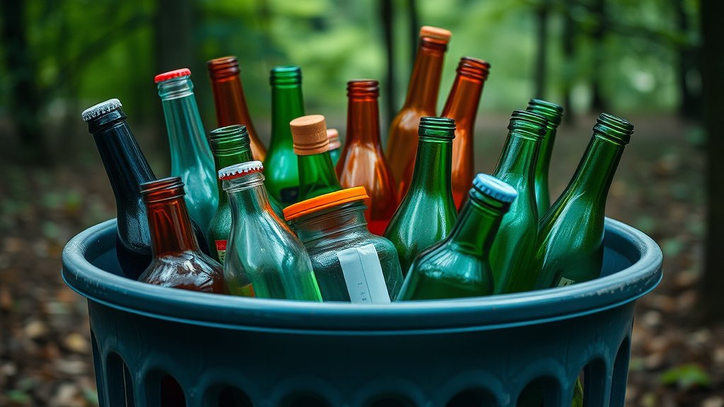 Bouteilles en verre colorées prêtes à être recyclées dans un conteneur