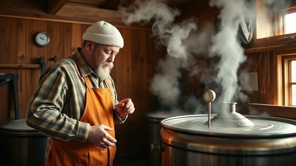 Producteur de sirop d’érable dans une cabane à sucre, surveillant un thermomètre sous lumière naturelle