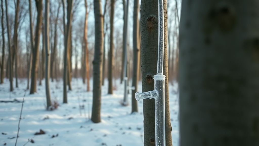 Érables en forêt au début du printemps avec tubes de récolte de sève, ambiance naturelle et froide