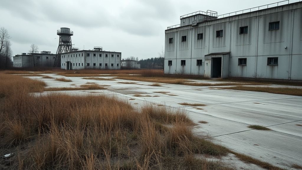 Paysage abandonné près d’une centrale nucléaire, avec végétation envahissante et bâtiments vieillissants