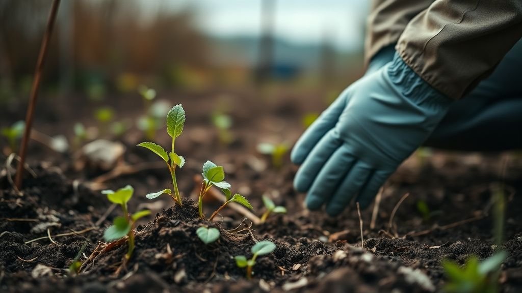 Mains gantées examinant le sol et la végétation dans une zone surveillée