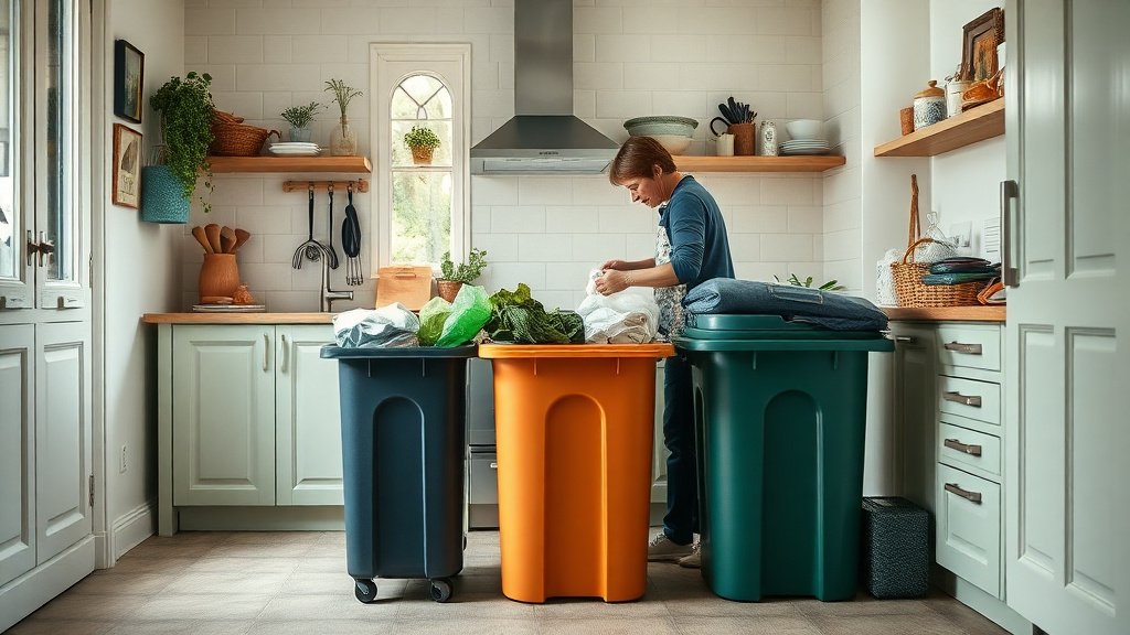 Personne triant ses déchets entre plusieurs bacs dans une cuisine