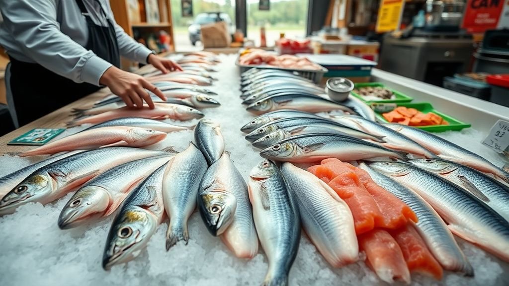 Poissonnerie de marché avec des poissons frais sur glace et des mains qui montrent différentes pièces