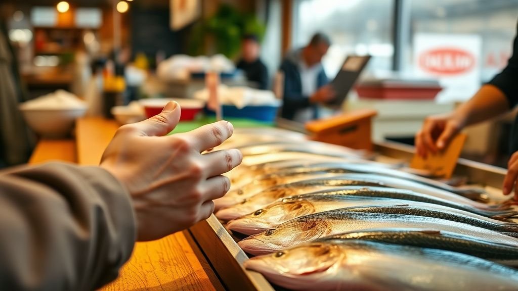 Mains d’un client et d’un poissonnier échangeant devant un comptoir de poisson frais