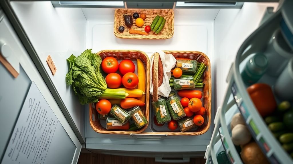 Cuisine vue du dessus avec frigo ouvert, restes rangés, légumes et liste de courses manuscrite