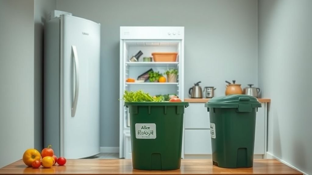 Routine anti-gaspi illustrée autour du frigo, du congélateur et du compost