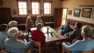 Réunion d’habitants dans une salle communale de village, lumière naturelle et ambiance de débat local