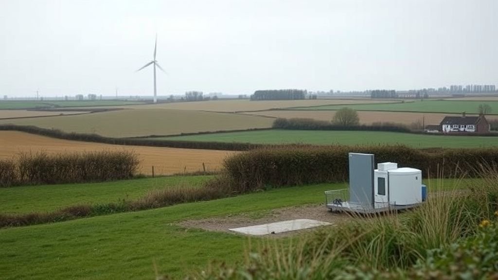 Éolienne dans un paysage rural près d’un village, avec champs et haies sous une lumière douce