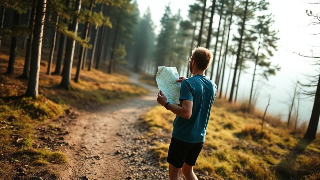 Coureur au bord d’un sentier forestier, avec carte en main et ambiance matinale naturelle