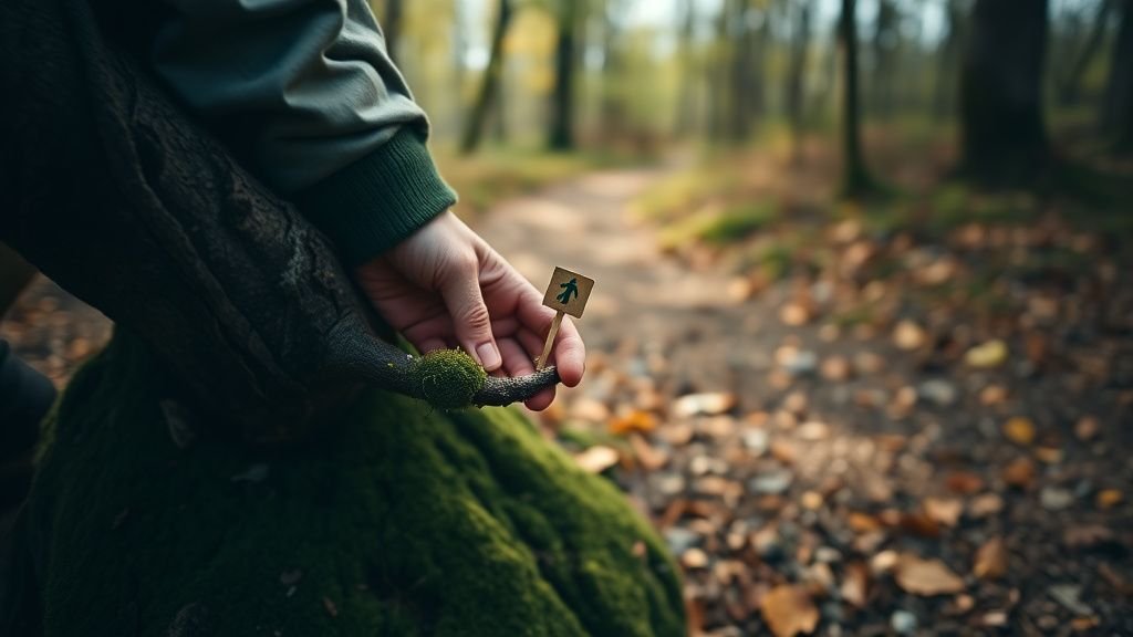 Mains installant un repère réutilisable sur une branche au bord d’un sentier en forêt