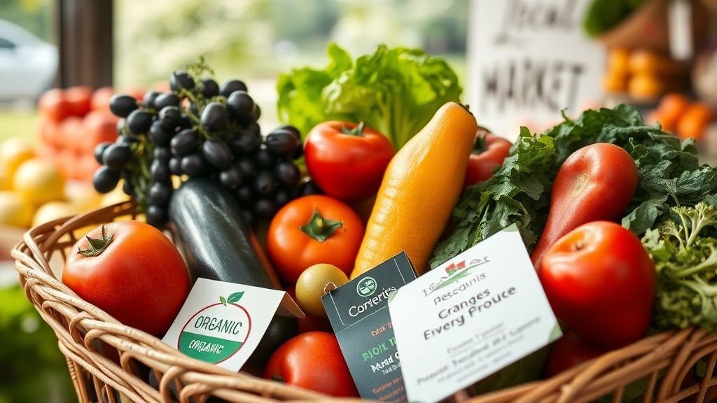Panier de courses avec fruits et légumes variés, ambiance de marché local et produits bio