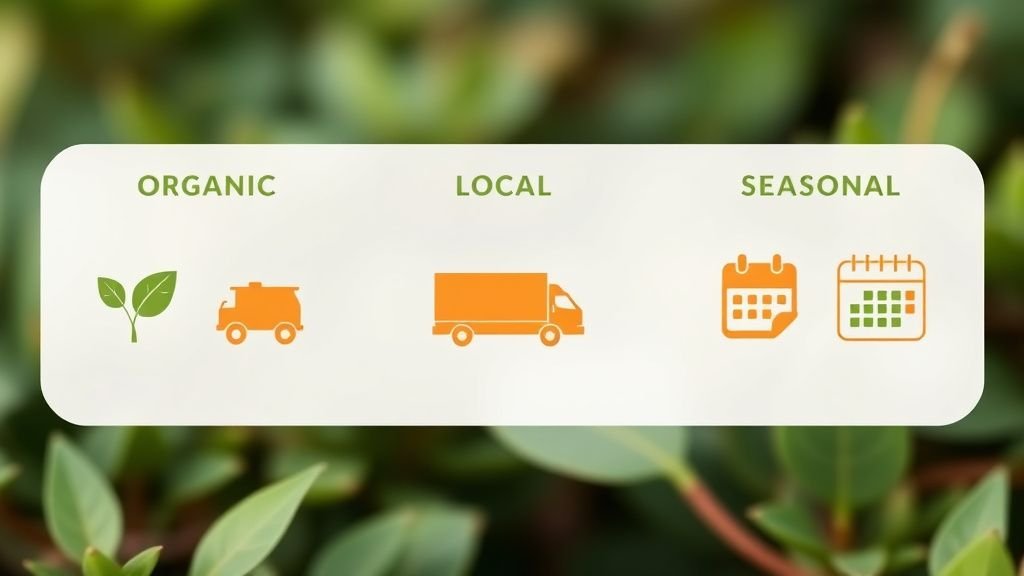 Infographie visuelle comparant bio, local et de saison avec pictogrammes simples