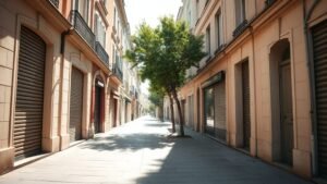 Rue de ville française sous une forte chaleur avec volets clos et ombres d’arbres clairsemées