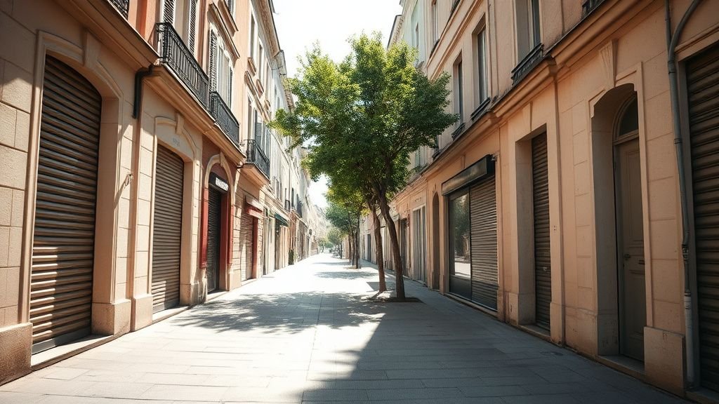 Rue de ville française sous une forte chaleur avec volets clos et ombres d’arbres clairsemées