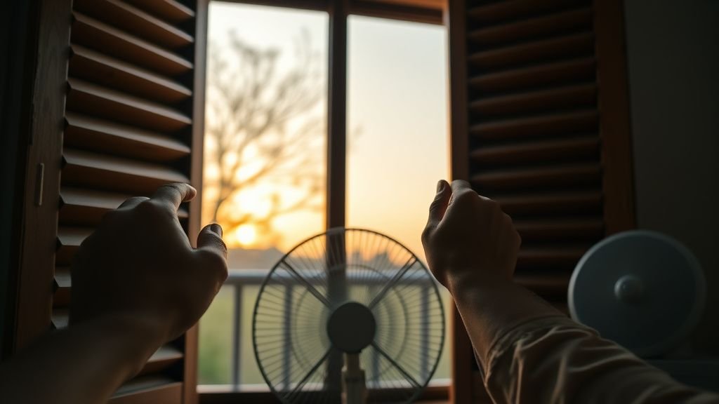 Mains ouvrant des volets en bois au crépuscule pour faire entrer l’air frais dans un logement