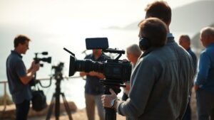 Équipe de tournage sur un plateau en extérieur avec lumière naturelle, illustrant le cinéma écoresponsable