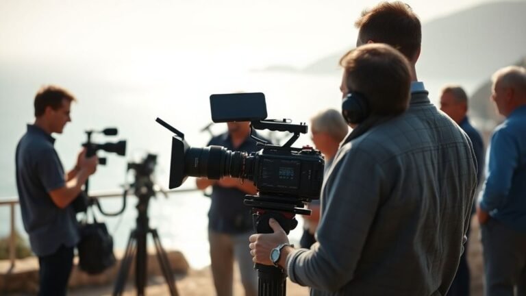 Équipe de tournage sur un plateau en extérieur avec lumière naturelle, illustrant le cinéma écoresponsable