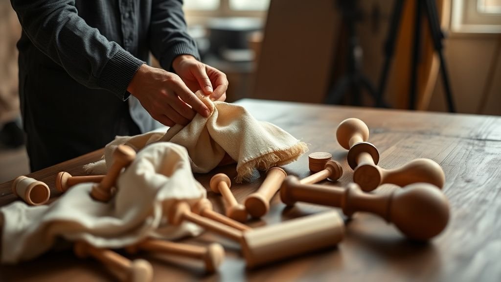 Mains réutilisant des costumes et accessoires sur une table de tournage, en lumière naturelle