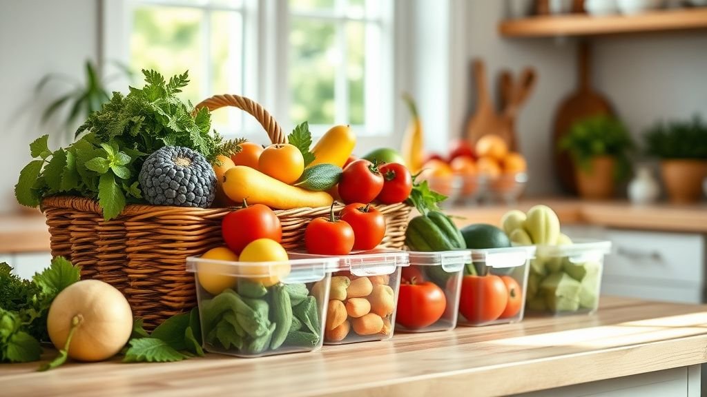 Panier de fruits et légumes triés dans plusieurs contenants sur un plan de cuisine lumineux