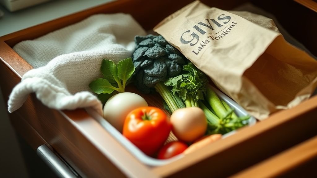 Gros plan sur un bac à légumes organisé avec torchon, boîte hermétique et sac en papier