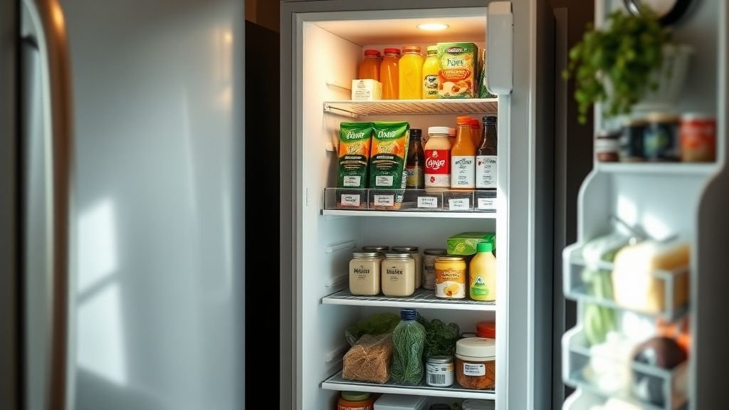 Frigo et placard domestiques avec des aliments étiquetés, dans une ambiance claire et réaliste