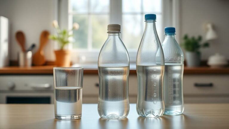 Verre d’eau du robinet à côté d’une bouteille plastique et d’une bouteille en verre sur une table lumineuse