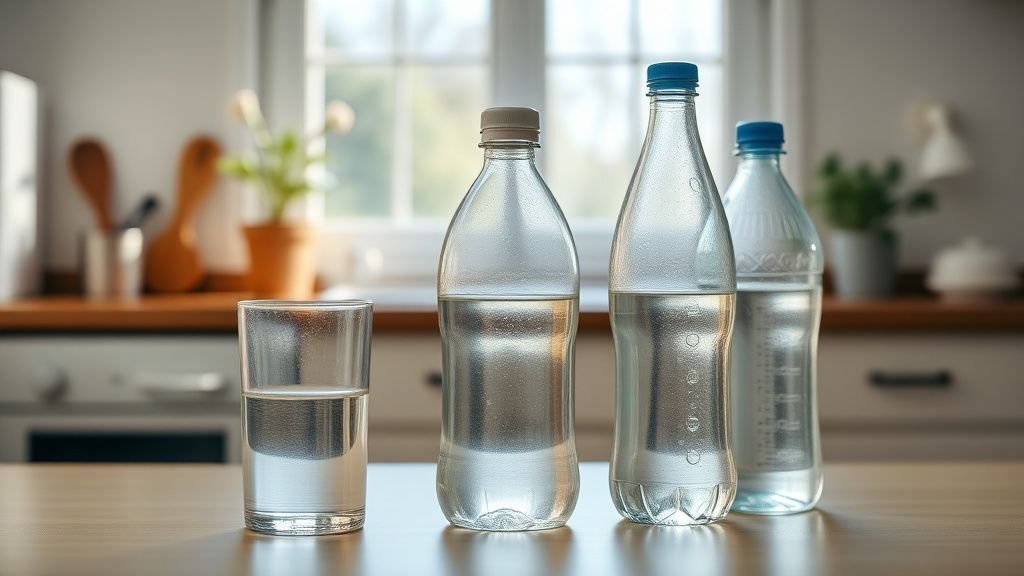 Verre d’eau du robinet à côté d’une bouteille plastique et d’une bouteille en verre sur une table lumineuse