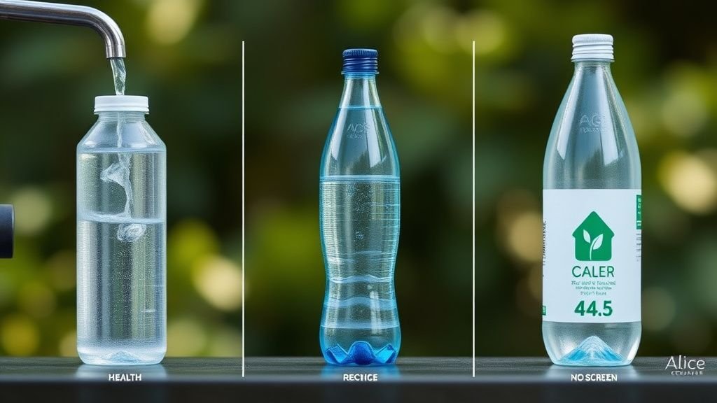 Comparatif visuel entre eau du robinet, bouteille plastique et bouteille en verre avec icônes santé, prix et écologie