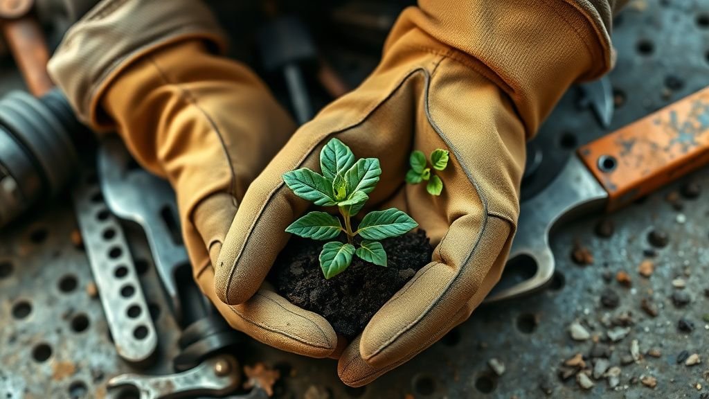 Mains gantées tenant un jeune plant à côté d’outils de travail sur une surface métallique