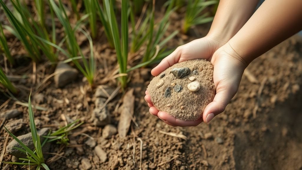 Mains tenant du sable humide près d’une berge restaurée, avec des graminées et une terre nue en arrière-plan