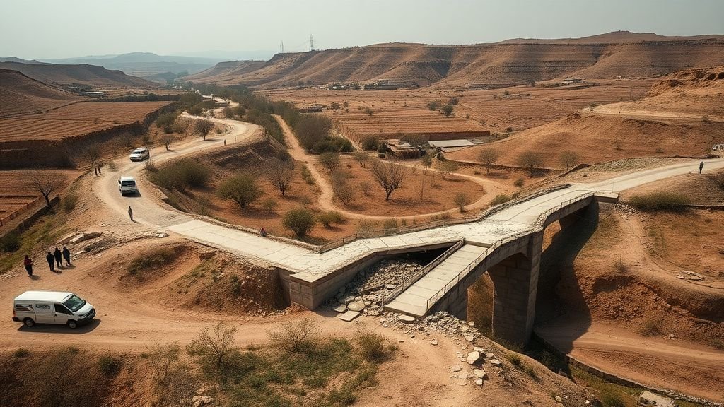 Femmes dans une vallée rurale du Sud-Liban près d’un pont détruit et de champs poussiéreux