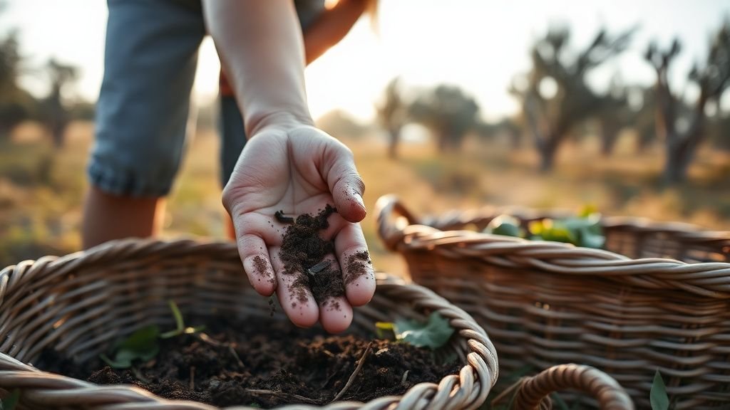 Mains de femme récoltant des légumes dans un petit champ sous une lumière naturelle